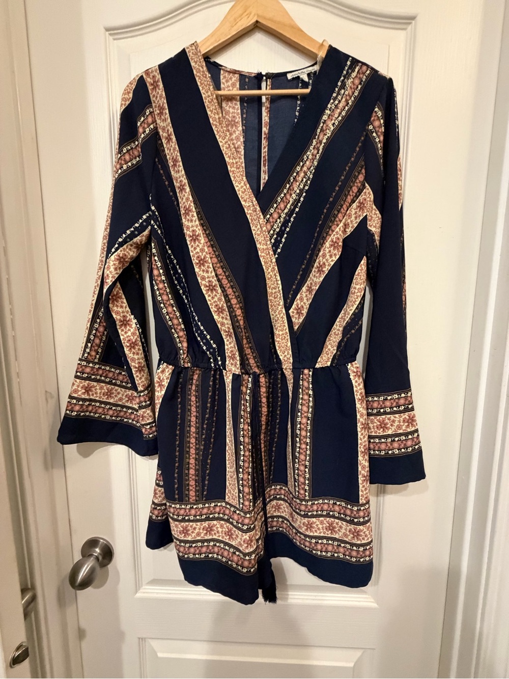 Charlotte Russe Large Navy Pink Boho Tile Print Long Sleeve Romper